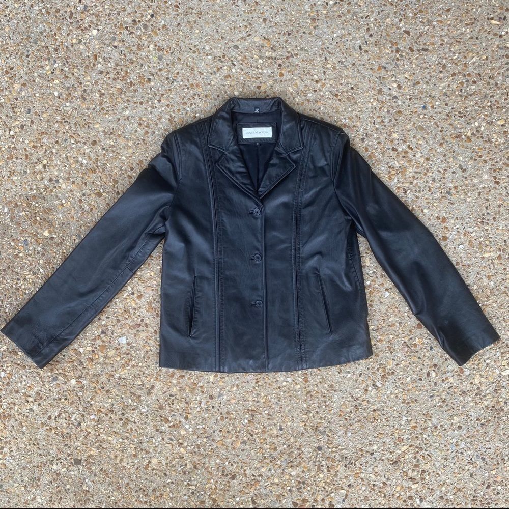 Jones New York Black Leather Button Down Jacket M
